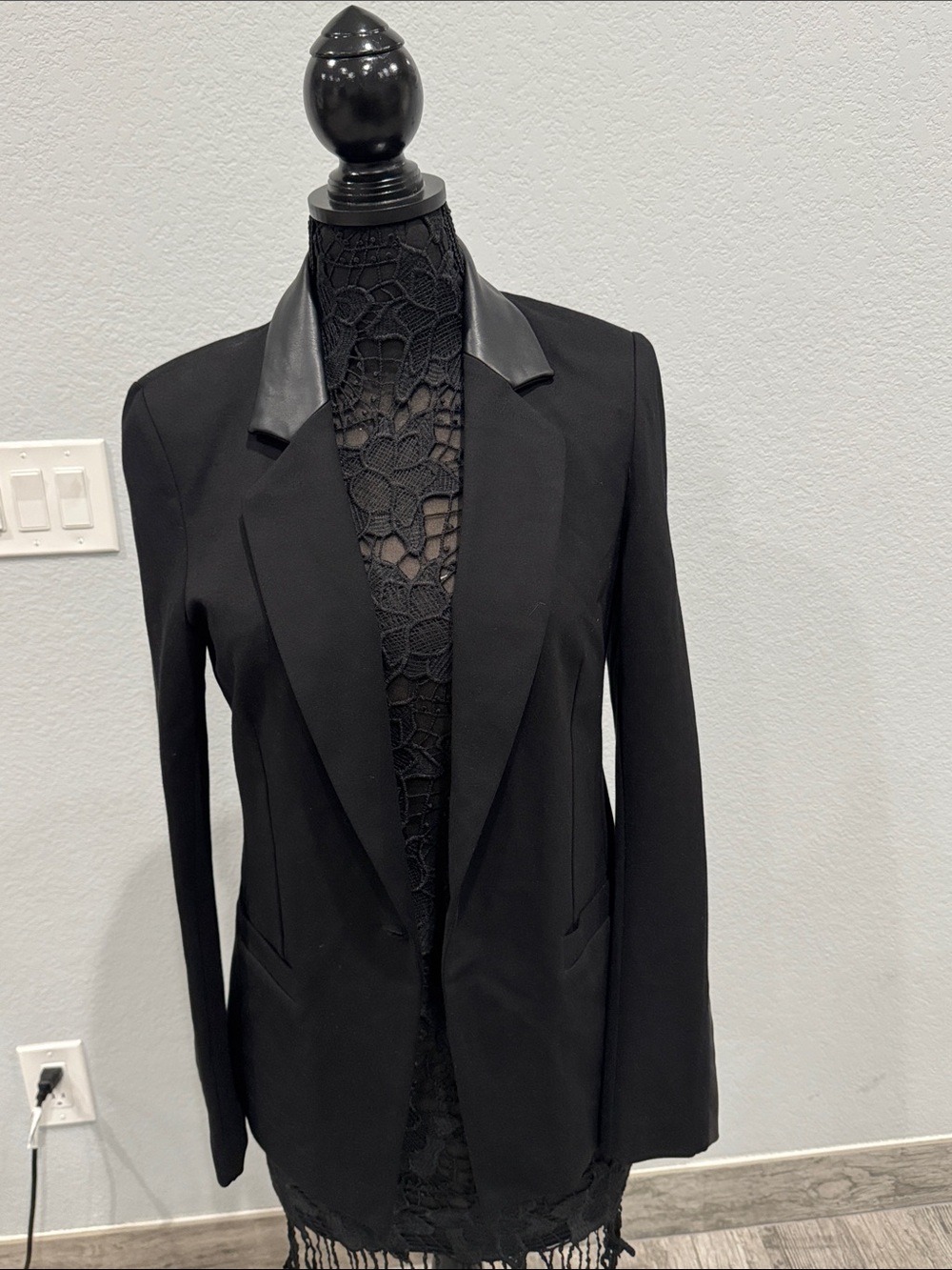 Black Faux-Leather Collar Blazer Jacket